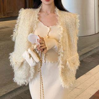 Long-sleeve Button-up Top / Plain Midi Skirt / Furry Vest (various Designs)