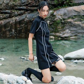 Short-sleeve Embroidered Contrast Trim Mini A-line Dress