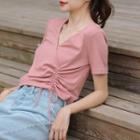 Short-sleeve Drawstring Top Dark Pink - One Size