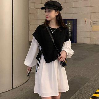 Long-sleeve Paneled Mini A-line Dress Black & White - One Size