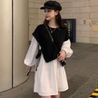Long-sleeve Paneled Mini A-line Dress Black & White - One Size