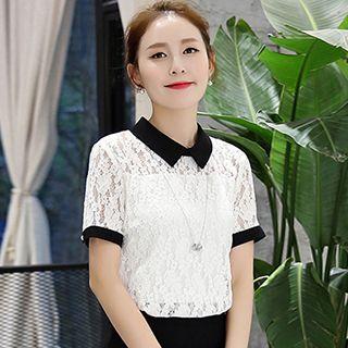 Short-sleeve Contrast-trim Lace Blouse