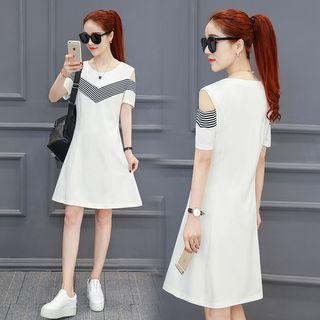 Striped Cut Out Shoulder Short Sleeve T-shirt Dress