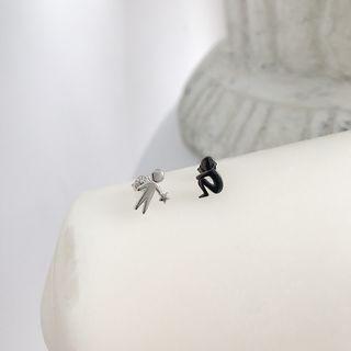 Cartoon Asymmetrical Sterling Silver Earring E166 - 1 Pair - Black & Silver - One Size