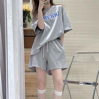 Set : Short-sleeve Lettering T-shirt + High-waist Drawstring Wide-leg Shorts