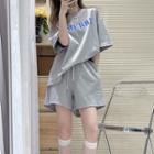 Set : Short-sleeve Lettering T-shirt + High-waist Drawstring Wide-leg Shorts