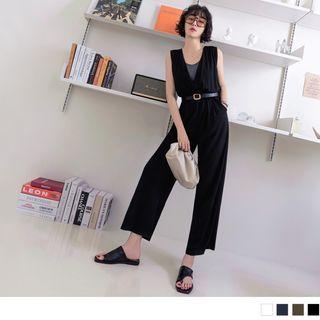 Sleeveless V-neck Plain Ruched Wide-leg Jumpsuit