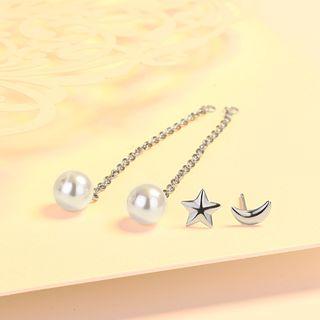 925 Sterling Silver Faux Pearl Moon & Star Dangle Earring 1 Pair - Silver - One Size