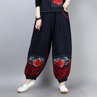 Crop Floral Hanfu Harem Pants Navy Blue - One Size