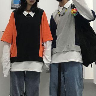 Couple-matching Long-sleeve Mock Two-piece Paneled Top