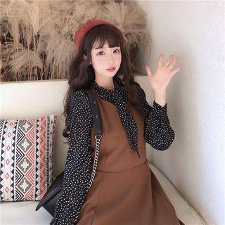 Dotted Tie-neck Blouse / A-line Pinafore Dress
