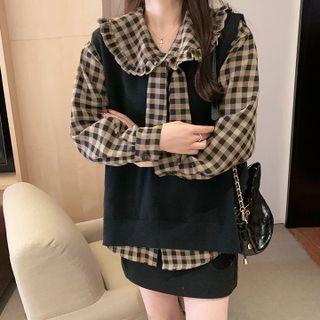 Gingham Blouse / Plain Sweater Vest