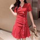 Short-sleeve Dotted Shirred A-line Dress