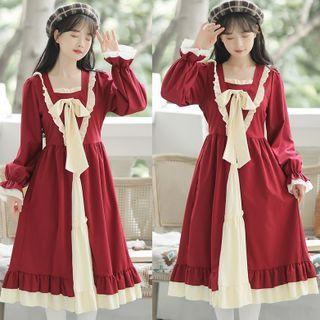 Long-sleeve Frill Trim Ribbon Accent Midi A-line Dress
