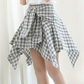 Plaid Tie Waist Flared Skirt