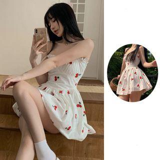 Spaghetti Strap Cherry Embroidered Mini Corset Dress