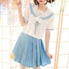 Short Sleeve Sailor Collar Top / Pleated Mini Skirt