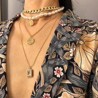 Faux Pearl Alloy Coin Pendant Layered Necklace 2280 - Gold - One Size