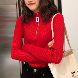 Zipped Front Ribbed Knit Top