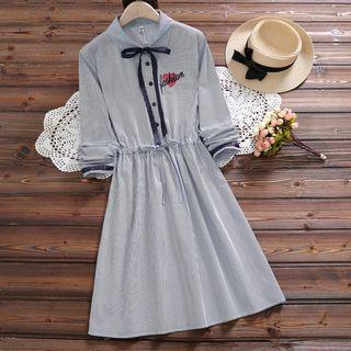 Embroidered Striped Collared Long Sleeve Dress