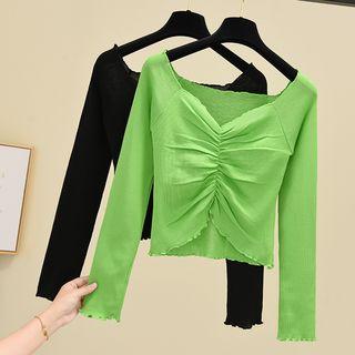 Long-sleeve Frill Trim Ruffled Plain T-shirt