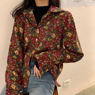 Floral Print Corduroy Shirt As Shown In Figure - One Size