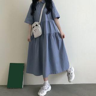 Collared Plain Elbow-sleeve Midi A-line Dress Blue - One Size