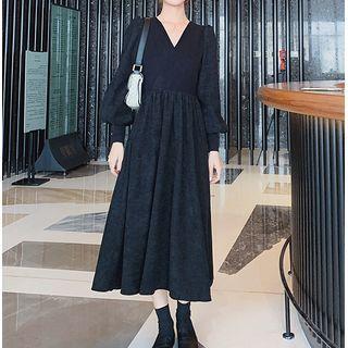 Long-sleeve V-neck Corduroy Plain Midi Dress