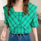 Short-sleeve Peter Pan-collar Plaid Blouse Green - One Size