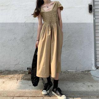 Square Neck Short-sleeve Midi A-line Dress Khaki - One Size