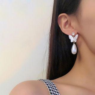 Butterfly Faux Pearl Drop Earring S925 - 1 Pr - Gold - One Size