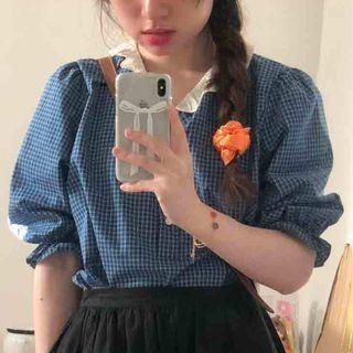 Short-sleeve Ruffle Trim Panel Plaid Blouse Blue - One Size