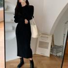 Long-sleeve Plain Midi Sheath Dress Black - One Size