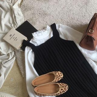 Set: Frilled-collar Bell-sleeve Top + Sleeveless Slit-side Knit Dress Black - One Size