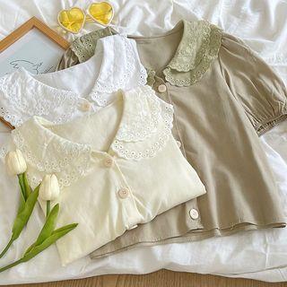Short-sleeve Double-layered Embroidered Peter Pan Collar Cropped Shirt