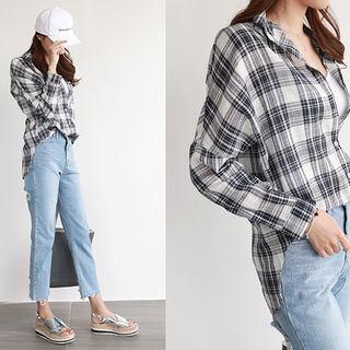 Dolman-sleeve Plaid Linen Blend Shirt