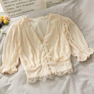 Cropped Deep V-neck Lace Shirt