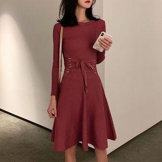 Long-sleeve Lace-up A-line Knit Dress