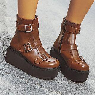 Faux Leather Platform Buckled Ankle Boots