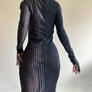 Long-sleeve Striped Mesh Midi Bodycon Dress