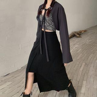 Leopard Print Camisole Top / Cropped Blazer / Midi A-line Skirt