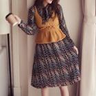 Set: Long-sleeve Chiffon Dress + Strappy Knit Top