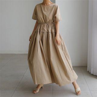 Puff-sleeve Drawstring Maxi A-line Dress