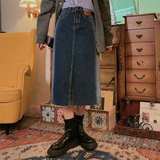 Gradient Slit Midi Denim Skirt