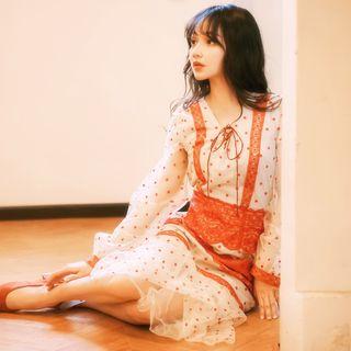 Lace Trim Dotted Long-sleeve Midi Dress
