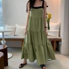 Sleeveless Two-tone Drawstring Plain Dress Almond - One Size