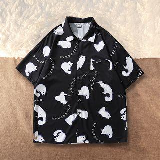 Short-sleeve Cat Print Hawaiian Shirt