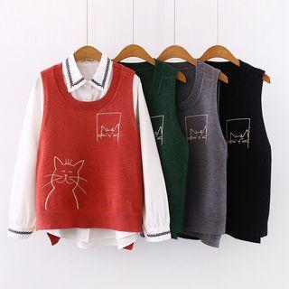 V-neck Cat Embroidered Knit Vest