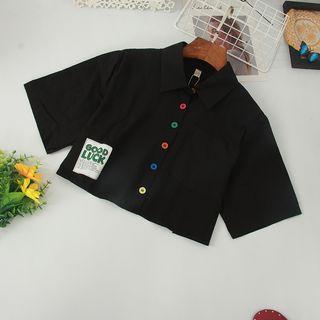 Elbow-sleeve Contrast Button Cropped Shirt