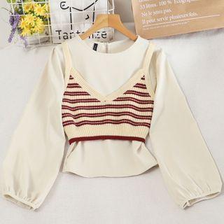 Set: Puff-sleeve T-shirt + Striped Knit Camisole Top